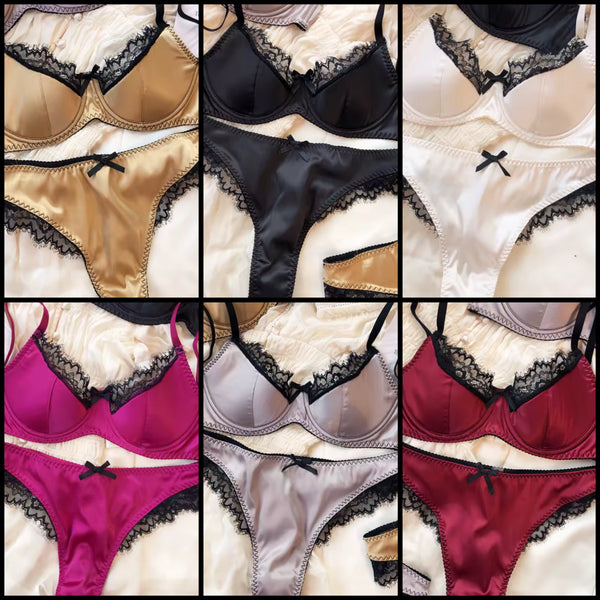 Women Sexy Satin Lace Bow Lingerie Set