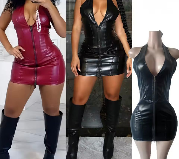 Women Sleeveless Front Zipper Faux Leather Sexy Dress