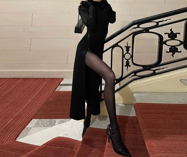 Women Sexy Black Side Zipper Full Sleeve Maxi Dress