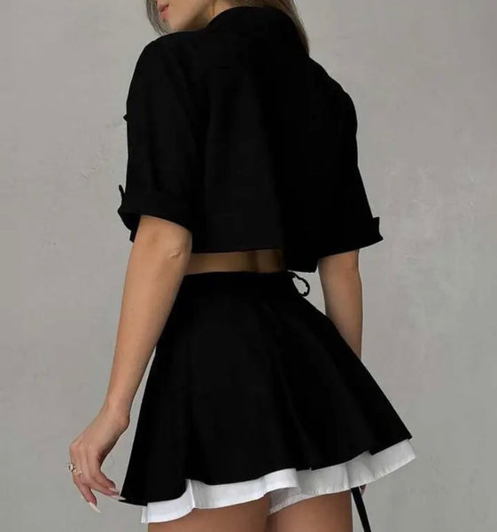 Women Sexy Button Up Short Sleeve Two Piece Pleated Skirt Set