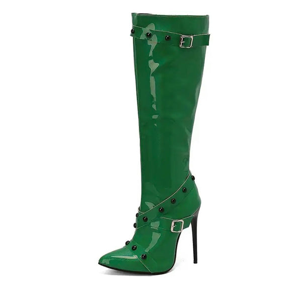 Women Color Buckled Fashion High Heel Knee High Boots