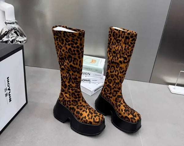 Women Fashion Leopard Print Platform Ankle/Knee High Boots