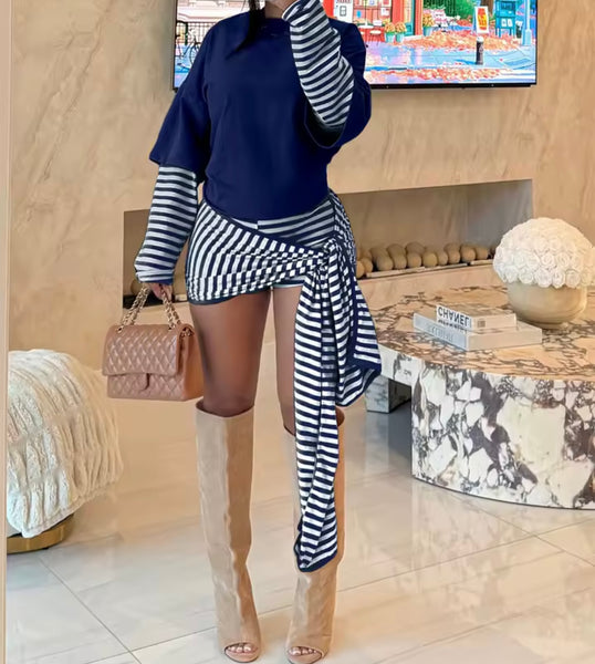 Women Color Striped Full Sleeve Fashion Two Piece Wrap Skirt Set