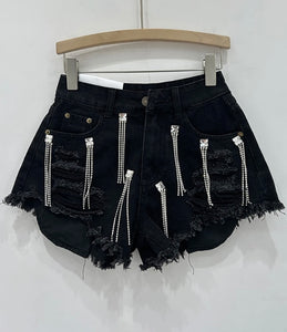 Women Color Fashion Ripped Bling Tassel Denim Shorts