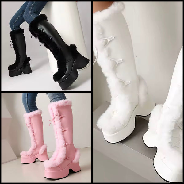 Women Fashion Faux Leather Fur Patchwork Platform Knee High Boots