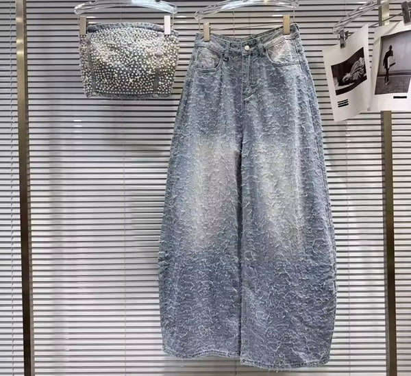 Women Pearl Strapless Tube Top Fashion Denim Two Piece Pant Set