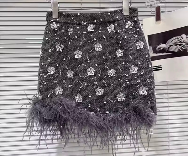 Women Gray Floral Rhinestone Feather Blazer Two Piece Skirt Set