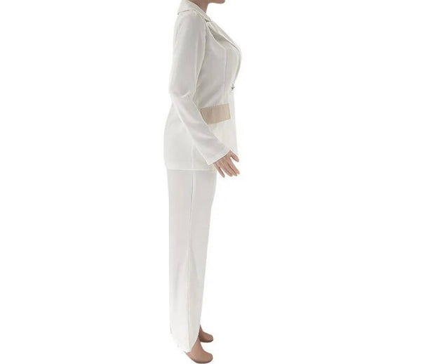 Women Fashion Color Patchwork Button Up Blazer Two Piece Pant Set
