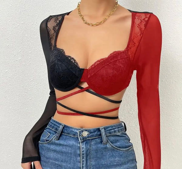 Women Sexy Lace Mesh Color Patchwork Crop Top