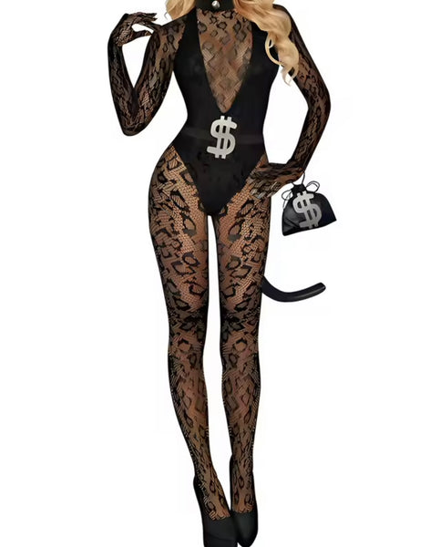 Women Black Sexy Money Lace Bodysuit Five Piece Lingerie Set Costume