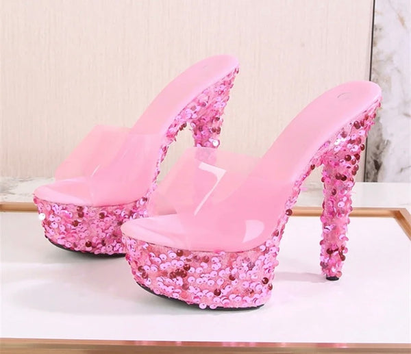 Women Fashion PVC Sequins Platform Slide On Sandals