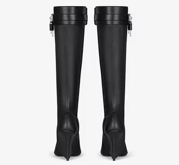 Women Open Toe Buckled Lock Faux Leather Knee High Boots