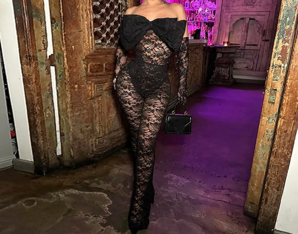 Women Black Bow Sexy Strapless Lace Two Piece Bodysuit Pant Set