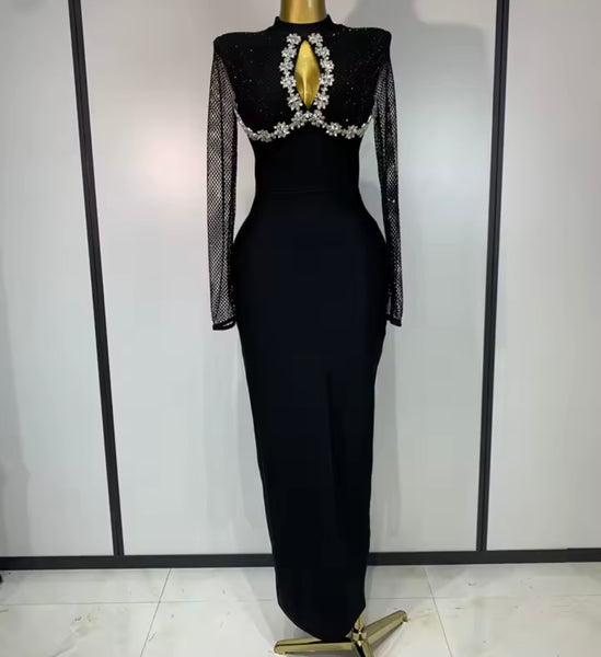 Women Sexy Mesh Full Sleeve Rhinestone Black Maxi Dress