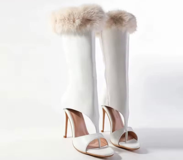 Women White Fashion Open Toe Fur Patchwork Boots