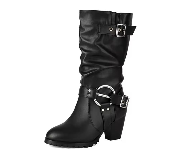 Women Black Fashion Silver Buckle Ruched Ankle Boots