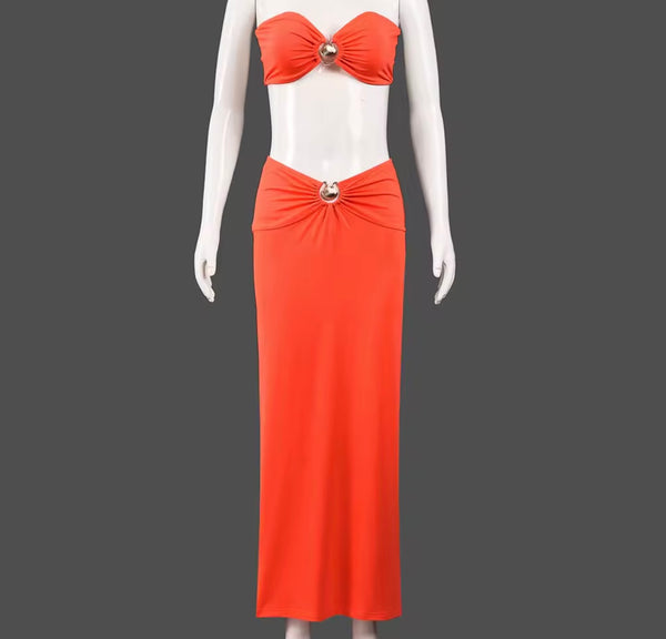 Women Sexy Strapless Shell Two Piece Maxi Skirt Set