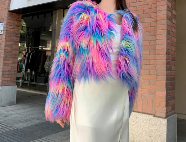 Women Fashion Colorful Faux Fur Crop Jacket