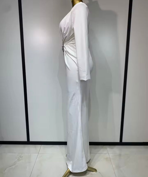 Women Sexy V-Neck Full Sleeve Ruched Rhinestone Maxi Dress