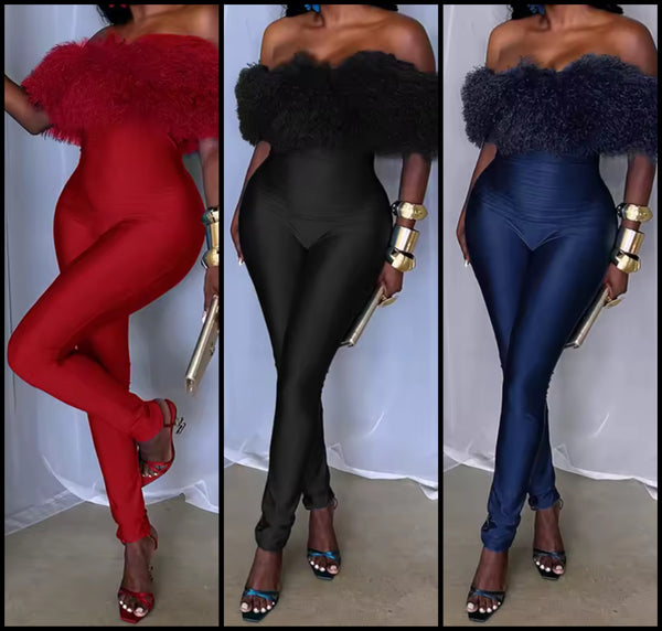 Women Fashion Fur Strapless Jumpsuit