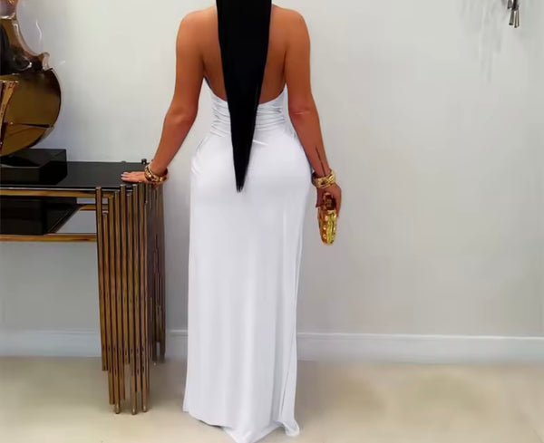Women Sexy Metal V-Neck Halter Maxi Dress