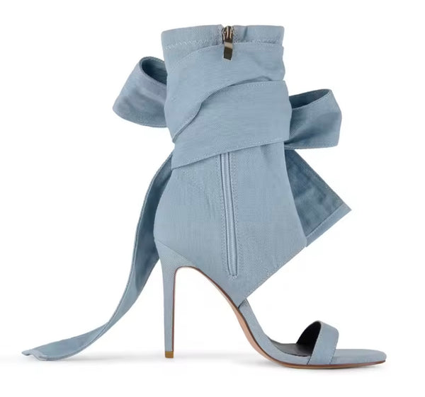 Women Fashion Denim Open Toe Bow High Heel Ankle Boots