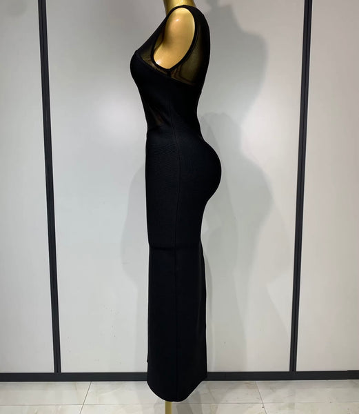 Women Sexy Solid Color Mesh Patchwork Sleeveless Maxi Dress