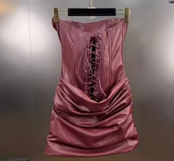 Women Sexy Fashion Strapless Faux Leather Ruched Dress