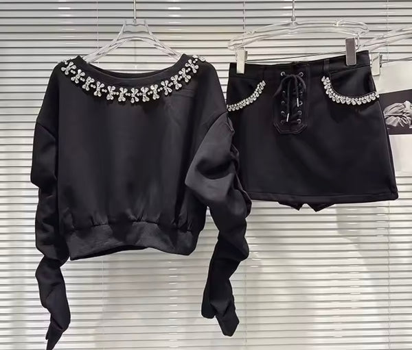Women Fashion Rhinestone Sweater Two Piece Skirt Set