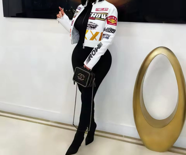 Women Printed Faux Leather Fashion Jacket