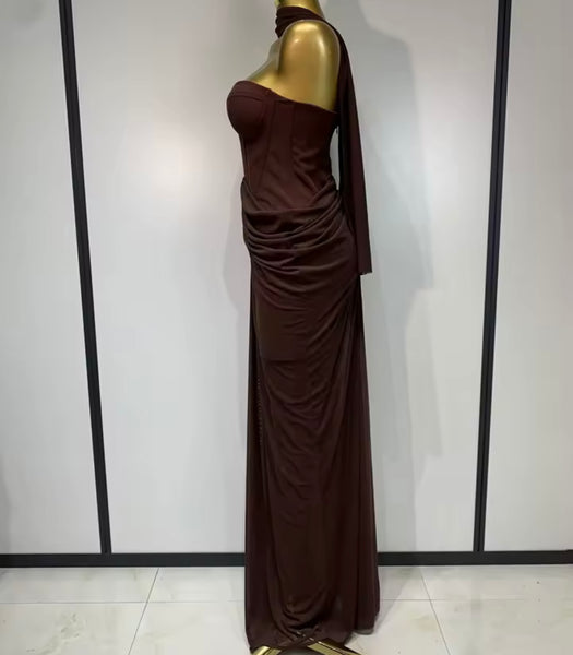 Women Sexy Strapless Ruched Maxi Dress