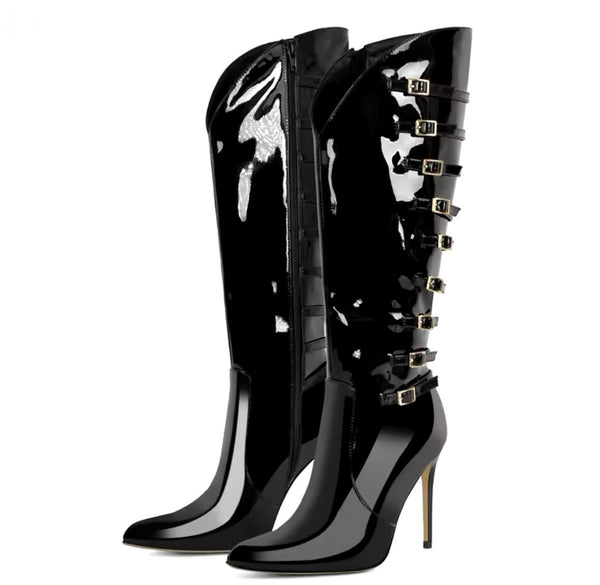 Women Black Buckled Patent Leather High Heel Boots