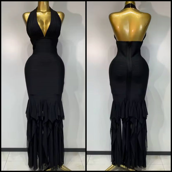 Women Sexy Halter Sleeveless Black Tassel Maxi Dress