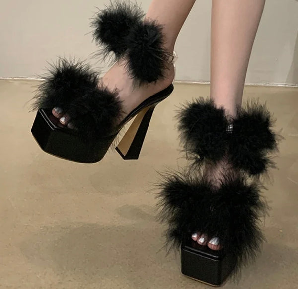 Women Fashion Faux Fur Platform High Heel Sandals
