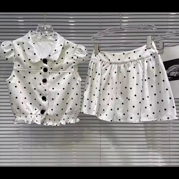 Women Button Up Polka Dot Short Sleeve Two Piece Skirt Set