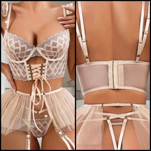 Women Sexy Lace Up Mesh Chain Lingerie Set