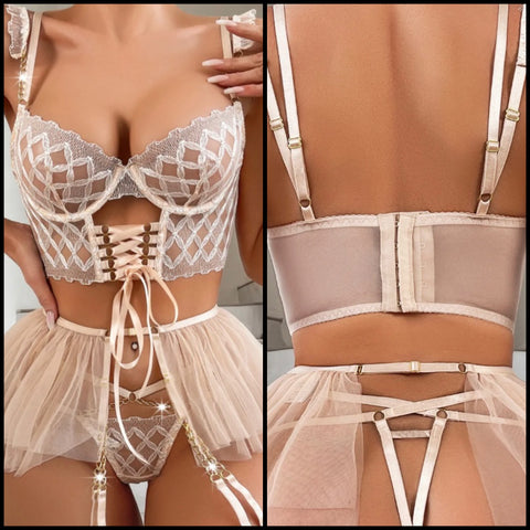 Women Sexy Lace Up Mesh Chain Lingerie Set