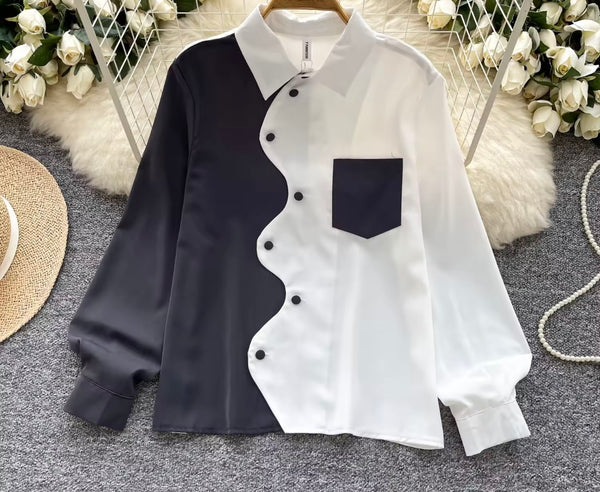 Women Button Up Full Sleeve Color Patchwork Mesh Top