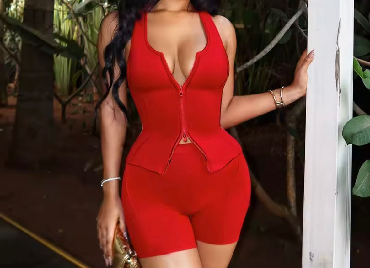 Women Sexy Sleeveless Double Zipper Two Piece Short Set
