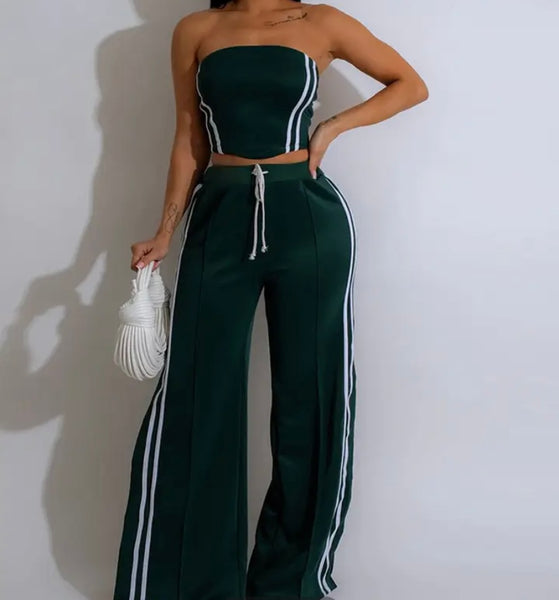 Women Color Sexy Strapless Striped Two Piece Pant Set