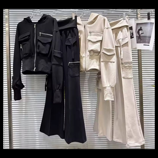 Women Fashion Zip Up Hooded Cargo Two Piece Pant Set