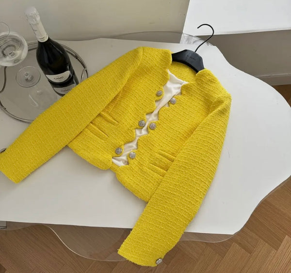 Women Fashion Yellow Tweed Button Up Blazer Two Piece Short Set