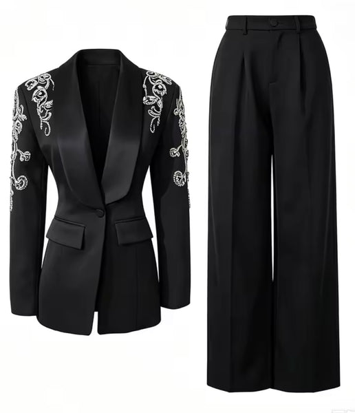 Women Fashion Floral Rhinestone Embellishment Blazer Two Piece Pant Set