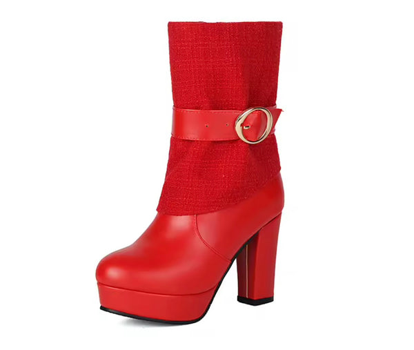 Women Color Round Toe Buckled Fashion High Heel Ankle Boots