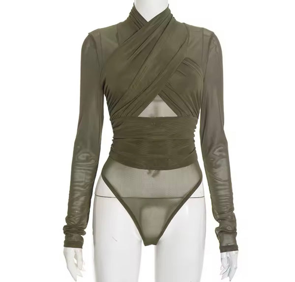Women Sexy Fashion Criss Cross Mesh Full Sleeve Bodysuit Top