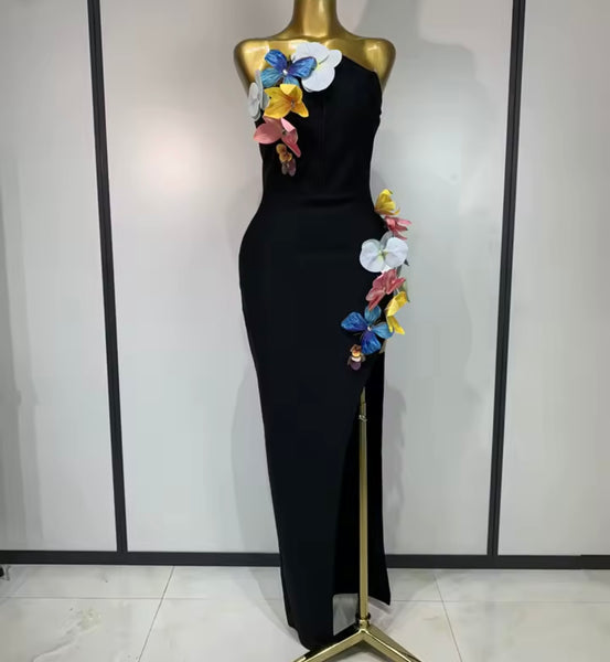 Women Sexy Strapless Black Floral Side Split Maxi Dress