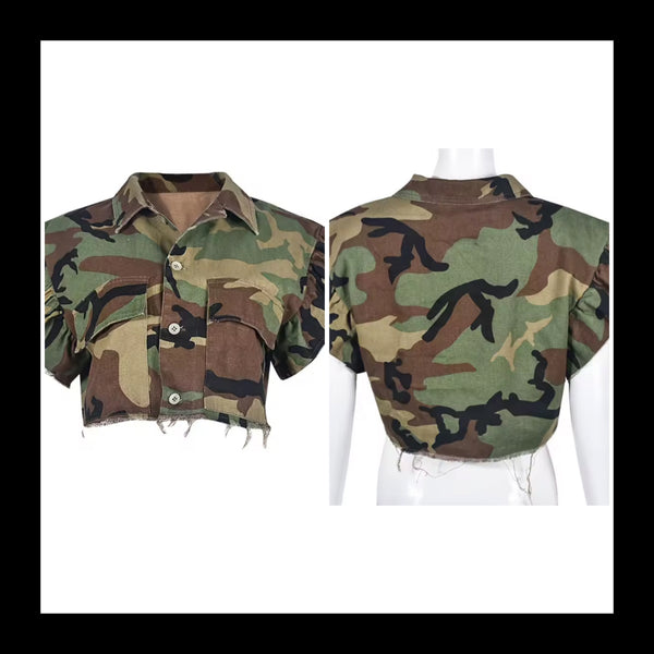 Women Fashion Camouflage Button Up Ruffled Short Sleeve Top