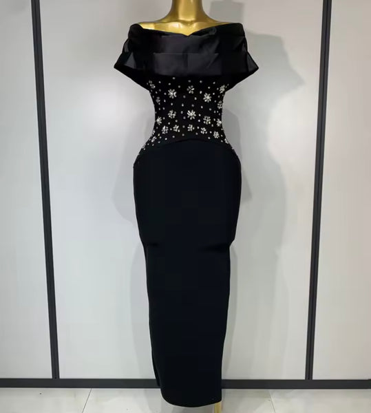 Women Off The Shoulder Floral Rhinestone Black Maxi Dress