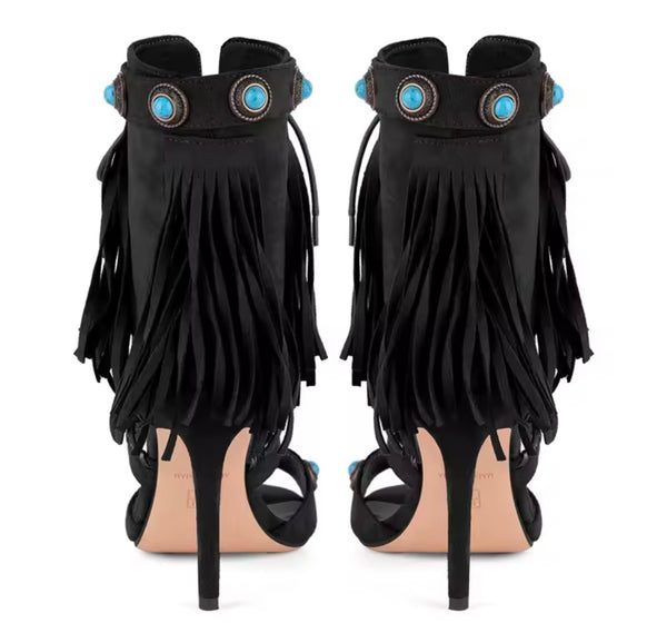Women Open Toe Rivet Fringe Lace Up High Heel Ankle Boots