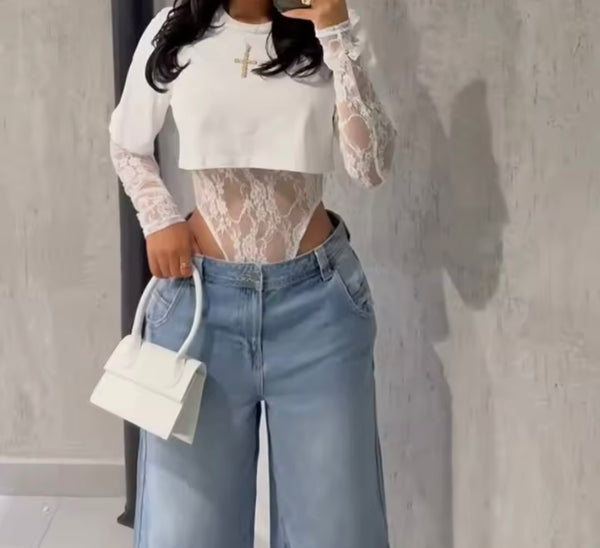 Women Fashion Lace Patchwork Full Sleeve Bodysuit Top